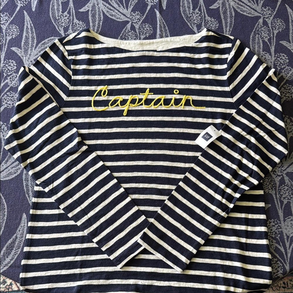 Striped Long Sleeve Shirt with 'Captain' Embroidery